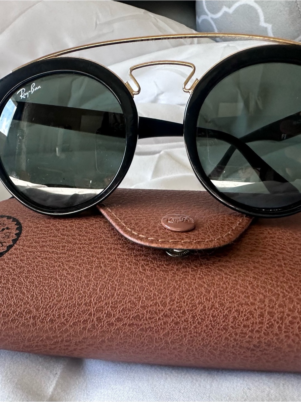 Ray-Ban Black Frame Round Sunglasses with Gold Double Bridge